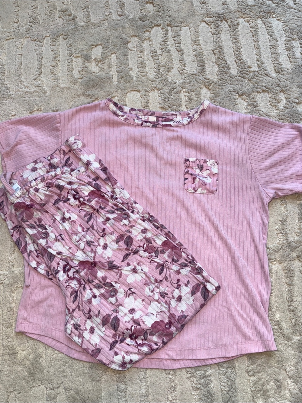 Flora Nikrooz Mauve Pink Ribbed Floral Pajama Set S